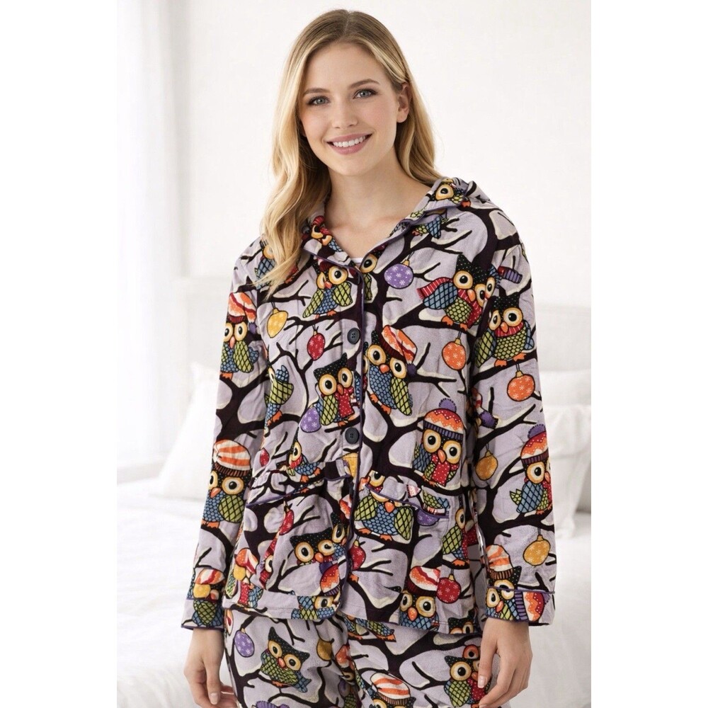 Nick & Nora Owl Flannel Pajama Top Sz M Pj Shirt Pockets Light Purple Ornaments